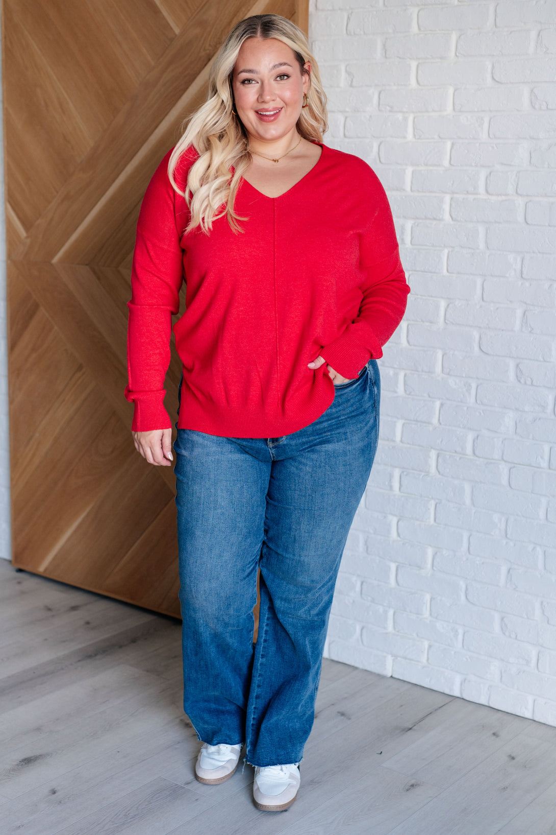 V-Neck Front Seam Sweater in Heather Red - Lavish Fix