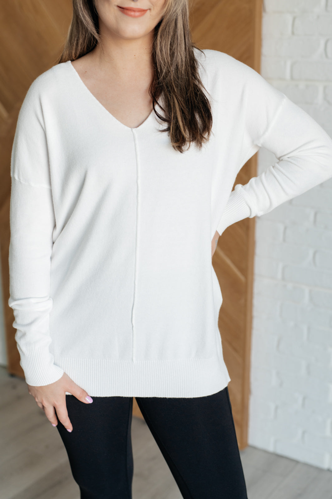 V-Neck Front Seam Sweater in Ivory - Lavish Fix