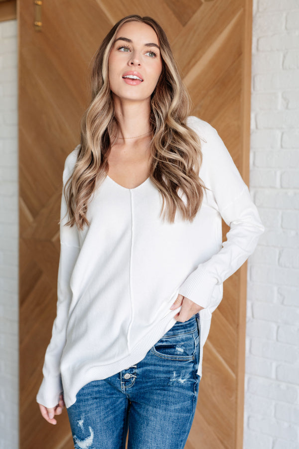 V-Neck Front Seam Sweater in Ivory - Lavish Fix