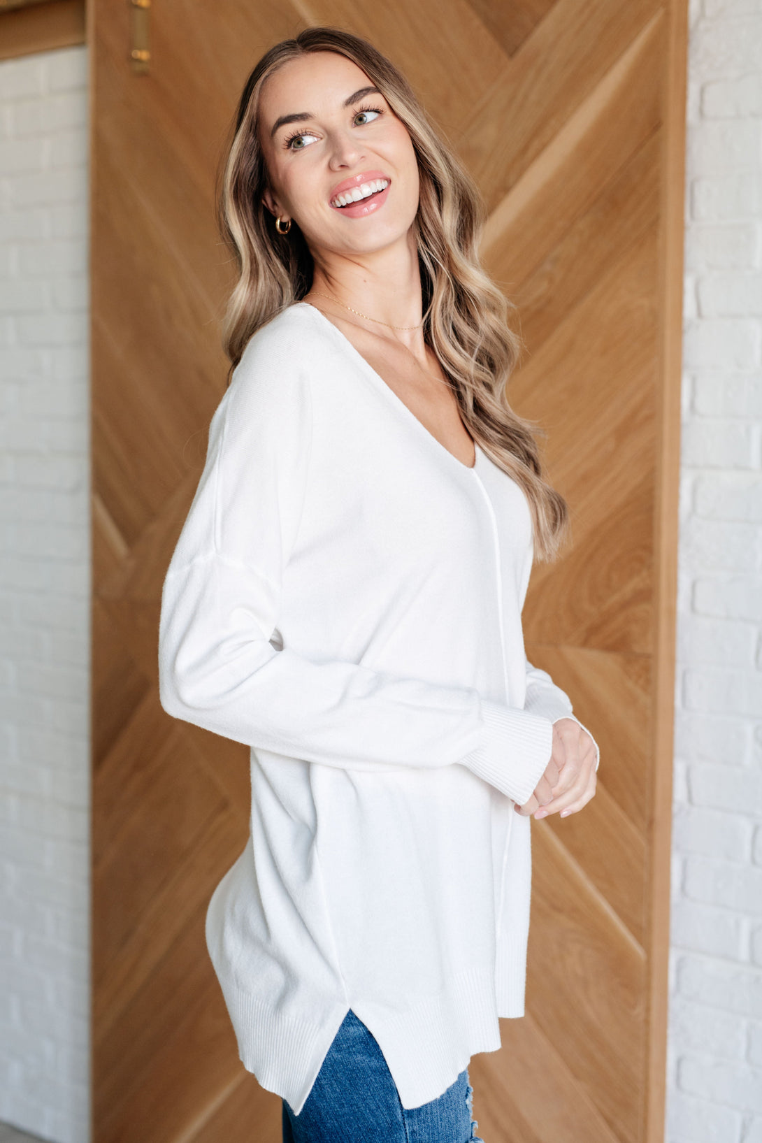 V-Neck Front Seam Sweater in Ivory - Lavish Fix