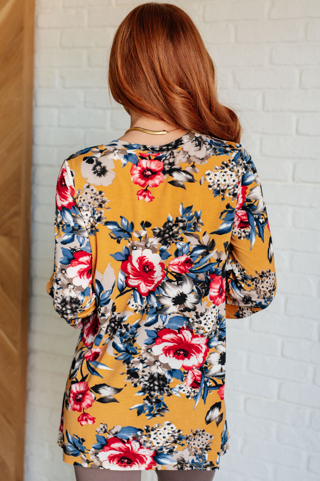 V-Neck Scoop Hem Top in Marigold Floral - Lavish Fix