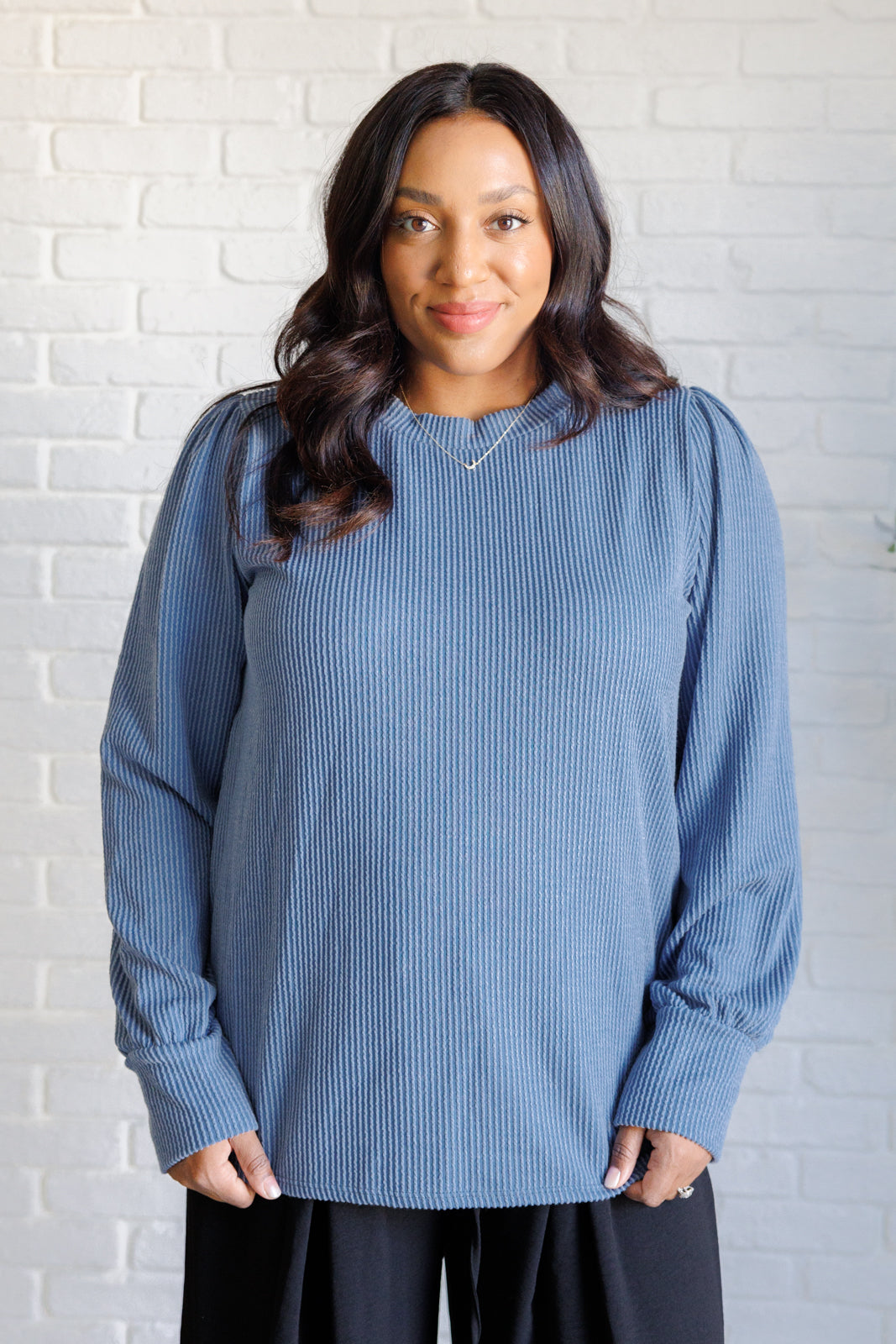 When the Sun Goes Down Mineral Wash Ribbed Knit Top in Vintage Denim - Lavish Fix