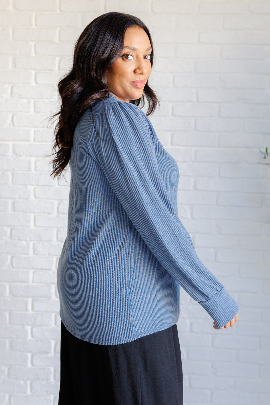 When the Sun Goes Down Mineral Wash Ribbed Knit Top in Vintage Denim - Lavish Fix