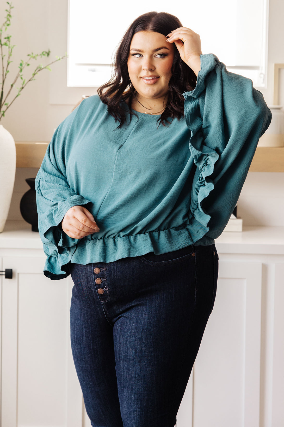 Winging It Ruffle Detail Top in Teal - Lavish Fix