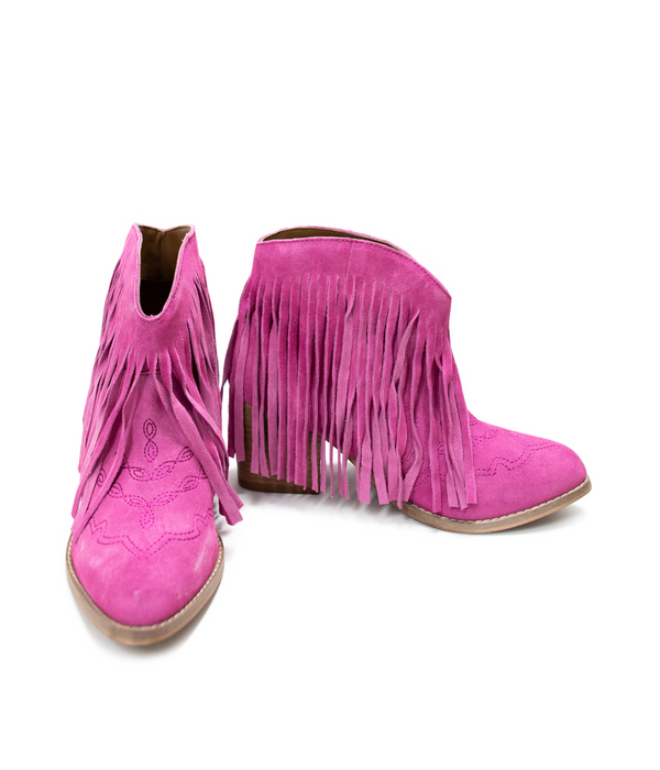 Amos Fringe Ankle Bootie in Magenta Suede - Lavish Fix