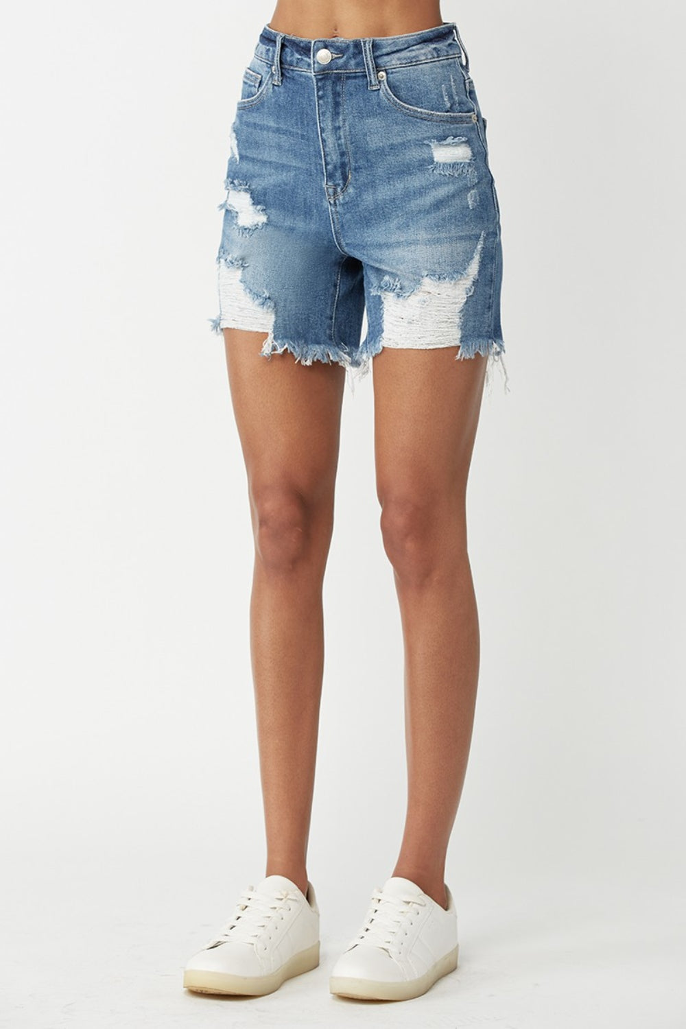 RISEN High Waisted Distressed Denim Shorts - Lavish Fix