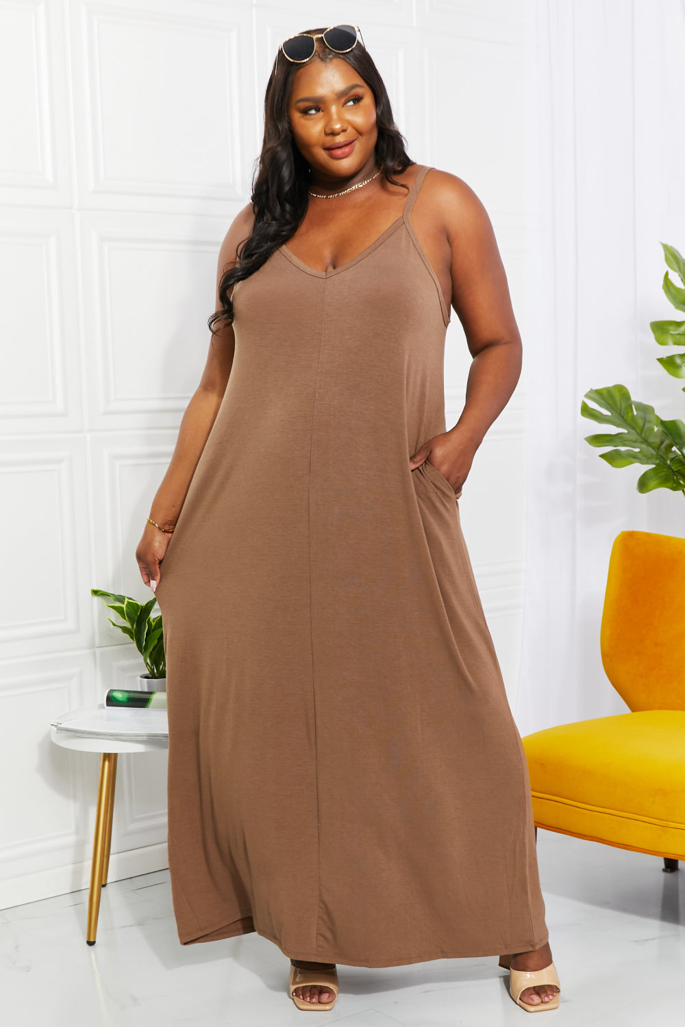 Zenana Full Size Beach Vibes Cami Maxi Dress in Mocha - Lavish Fix