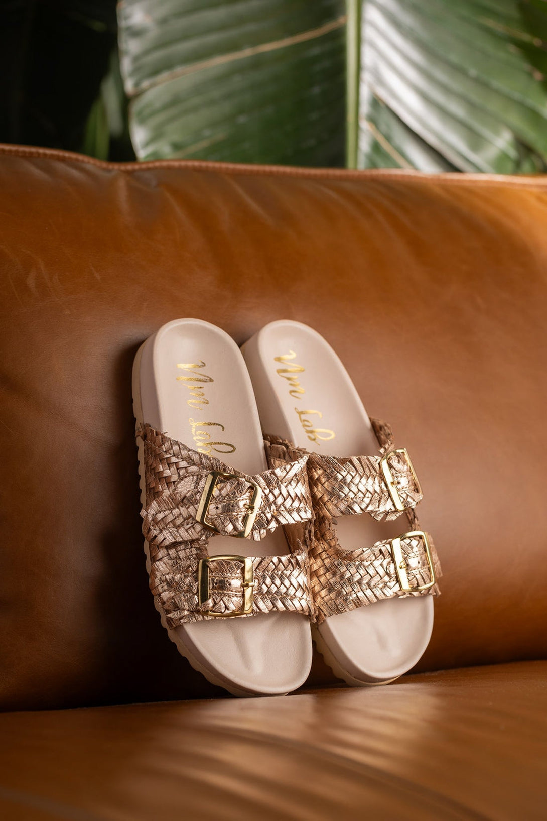 Intertwine Dual Woven Strap Slide in Champagne - Lavish Fix