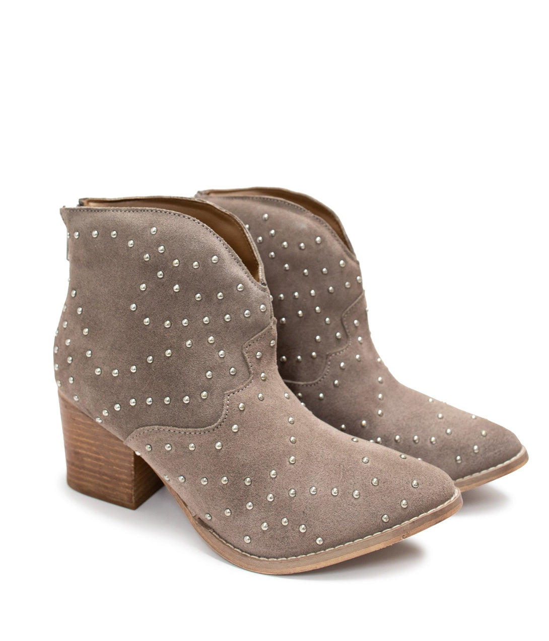 Twilight Studded Heeled Ankle Boot in Taupe - Lavish Fix